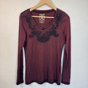 Vintage Y2K Velvet Stone Top Red Embellished Rhinestones Dark Fairy Goth Women M